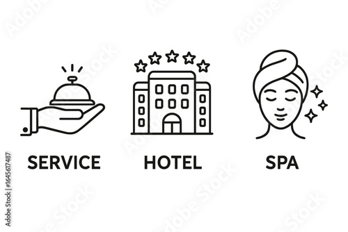 Hotel service, accommodation, and spa icon set. Minimalist line art vector icons for hospitality, luxury travel, five-star resort, reception bell, and wellness concepts.