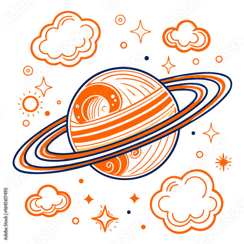 Planet Saturn with Rings and Stars Artwork