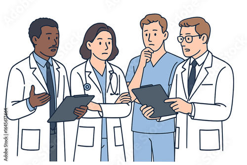 Medical team meeting. A diverse group of doctors and a nurse discussing a patient's diagnosis and treatment. Healthcare professionals collaborate on a difficult case. Vector.