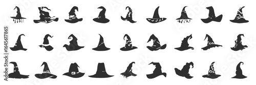 Many witch hats in various styles. Halloween theme.