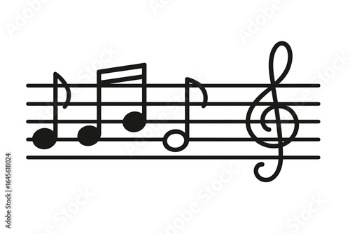 Musical notes on a staff, simple line art vector. Treble clef and music score. Minimalist concept for melody, song, sound, composition, harmony, and classical music.