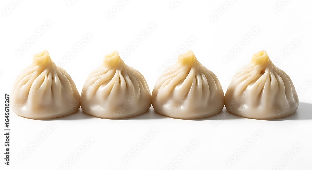 Obraz premium Four delicious soup dumplings arranged in a row isolated on white background