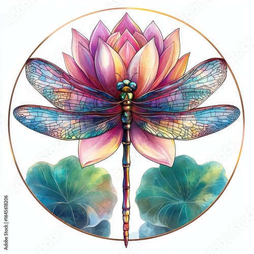 Watercolor Dragonfly and Lotus Flower Illustration