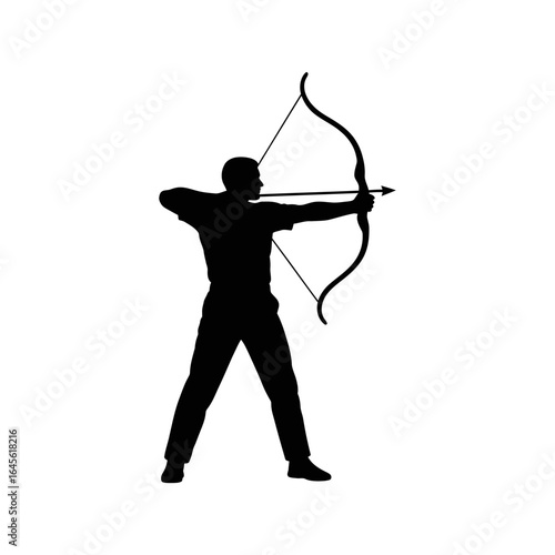 Silhouette of a person drawing a bow and arrow aiming towards a target.