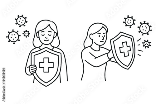 Woman with shield protecting against virus and bacteria. Concept of immune system, health defense, medical protection, immunity boost, disease prevention. Line art vector.