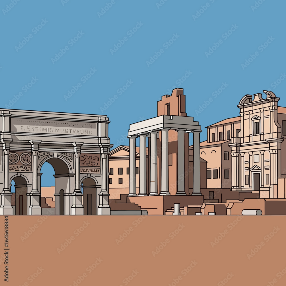 Obraz premium Architectural illustration of buildings including an arch and columns under a blue sky.