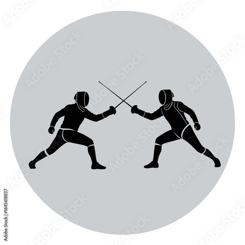 Two silhouetted fencers engage in a duel with swords within a circular shape.