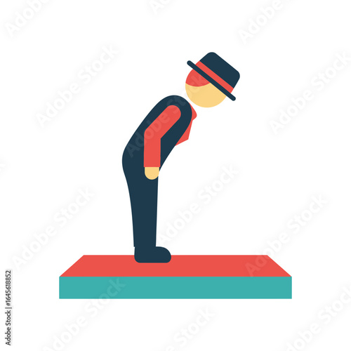 A person in a hat bows forward on a rectangular platform.