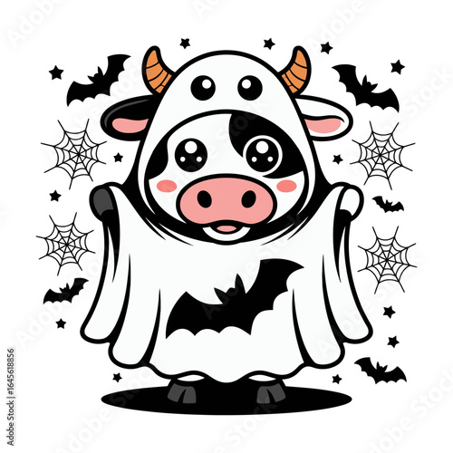 Cute Cow In Ghost Costume With Bats And Spiderwebs Illustration