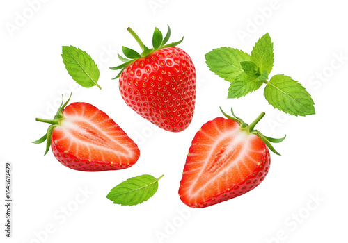 Fresh strawberries and mint leaves isolated on transparent background