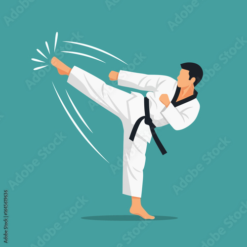 A person in a martial arts uniform performs a high kick.