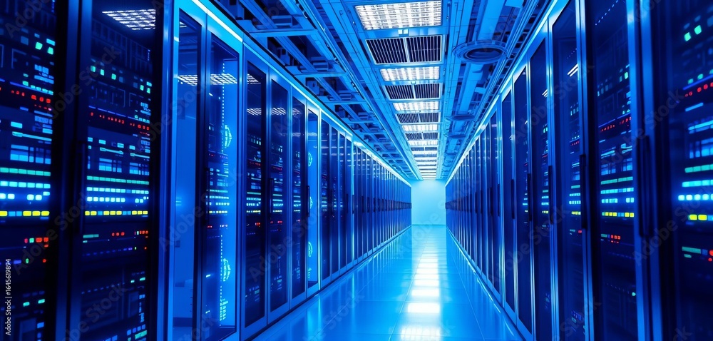 Fototapeta premium Sleek blue-lit corridor showcasing glowing server racks in a futuristic data center, center, future technology