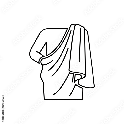 An outline depicts a draped garment covering a torso and arm.