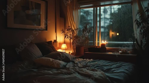 Cozy bedroom scene featuring a bed with pillows and a window view of a rainy night outside
