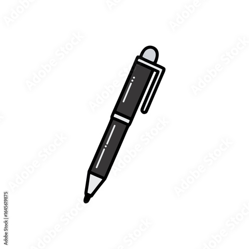 Minimalist drawing of modern black ink ballpoint pen with plastic barrel and clip, designed in simple outlined vector style