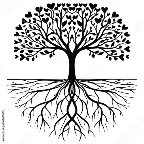 black silhouette tree of life with heart shaped leaves and roots symbolizing love and deep connection