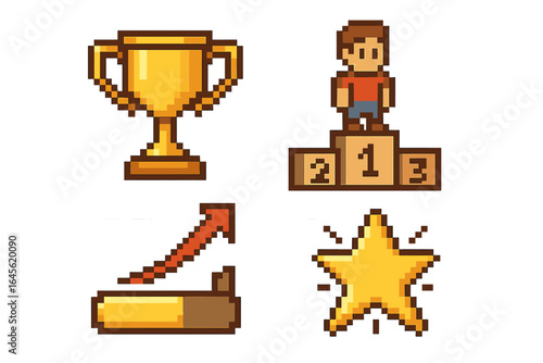 Pixel art icons for achievement, progress, success. Retro 8-bit game style vector set with trophy, podium winner, growth chart arrow, and star. Gamification elements.