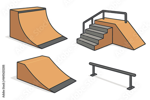 Skatepark elements set. Isometric skate ramps, grind rail, and funbox with stairs. Vector illustration of urban obstacles for skateboarding and extreme sports culture.
