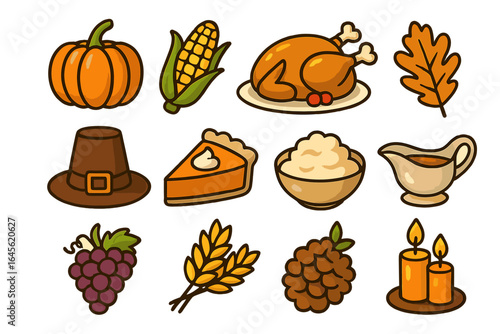 Thanksgiving icon set. Cartoon vector illustrations of traditional holiday symbols. Turkey, pumpkin pie, corn, pilgrim hat, mashed potatoes, gravy. Autumn harvest food.