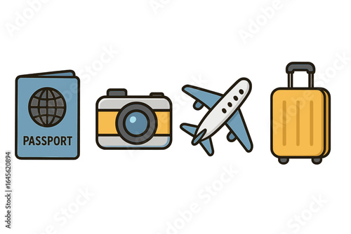 Travel icons set with passport, photo camera, airplane, and luggage. Vacation essentials for globetrotters. Journey and tourism concept. Vector cartoon illustration.