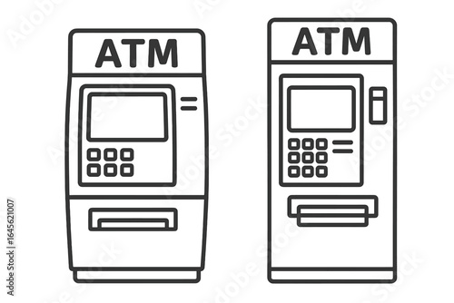 Two ATM machines line art icon set. Automated teller machine for cash withdrawal and bank transactions. Financial vector illustration. Money payment terminal outline symbol.