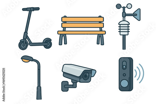 Smart city vector icon set. Urban life, modern technology concept. E-scooter, park bench, weather station, streetlight, CCTV camera, smart doorbell illustrations.