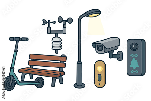 Smart city technology and urban life vector icon set. Electric scooter, weather station, streetlight, CCTV camera, smart doorbell. City infrastructure & IoT concepts isolated.