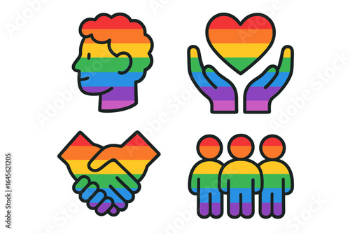 LGBTQ pride icon set. Symbols of diversity, inclusion, community, and support. Rainbow flag in head, heart, and handshake. Gay, lesbian, transgender equality and love concept.