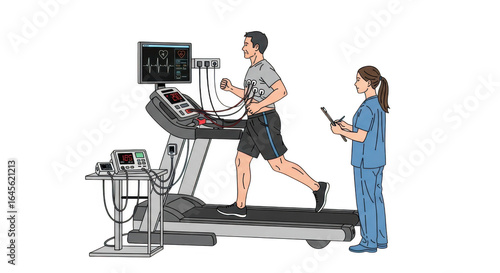 3d icon of a man on a treadmill undergoing a cardiac stress test, isolated on transparent background, with medical personnel monitoring his heart rate and vitals