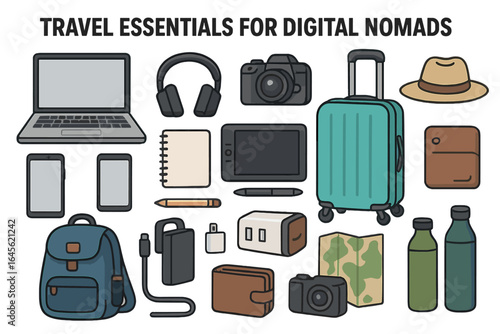 Digital nomad travel essentials icon set. Remote work equipment collection. Laptop, camera, luggage, backpack and tech gadgets for freelancer lifestyle illustration.