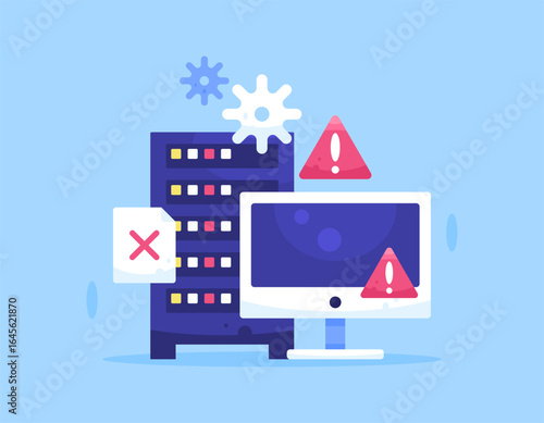 A data center error concept. Problems with data storage facilities. Data storage and management systems. trouble and connection. illustration of server devices, computers, warning signs. Flat style 