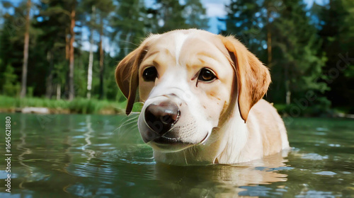 Labrador in Water with Forest