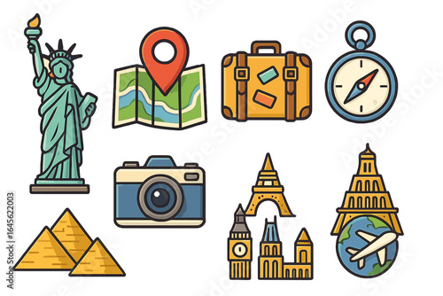 World travel icon set with famous landmarks. Vector cartoon illustration of journey essentials for adventure and exploration. Statue of Liberty, Eiffel Tower, Pyramids.