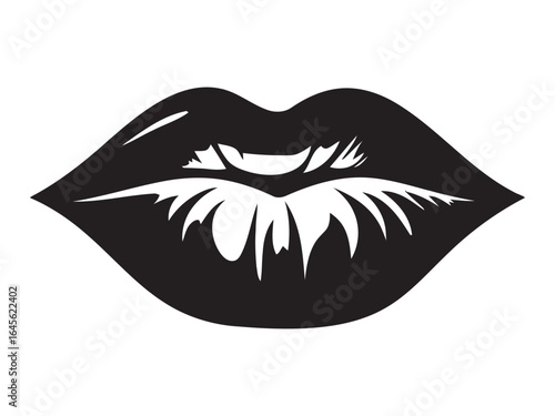 Black and white graphic of a passionate, stylized woman's lips.

