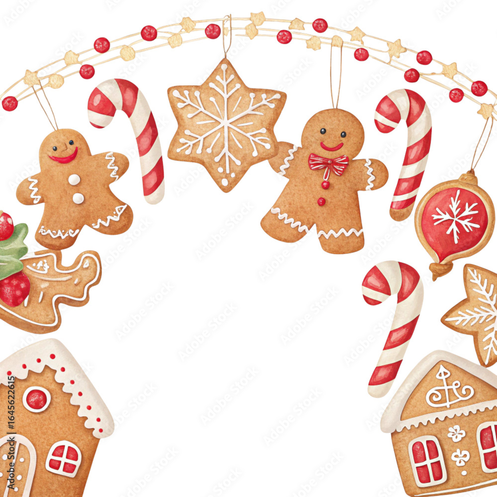 Fototapeta premium Christmas gingerbread cookies and candy canes isolated on transparent background