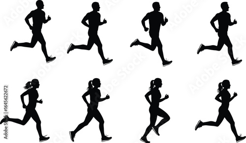 Running silhouette collection, athletic poses, jogging icons, fitness motion, sports vector, dynamic stride, workout graphics, human movement, exercise shapes