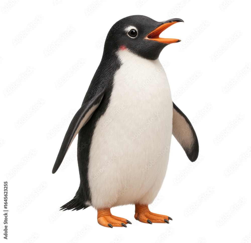 Fototapeta premium Adorable Gentoo Penguin chick standing and calling with its beak open, Isolated on Transparent and White Background