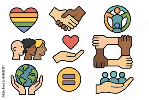 Vector icon collection for diversity, inclusion, community support. Concepts of equality, teamwork, human rights, charity, and racial harmony. Pride, handshake, unity.