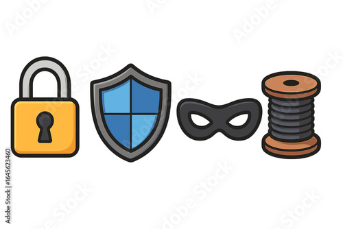 Cybersecurity icon set with padlock for safety and shield for protection. Hacker mask for anonymity and wire spool for data connection. Vector icons for digital privacy.