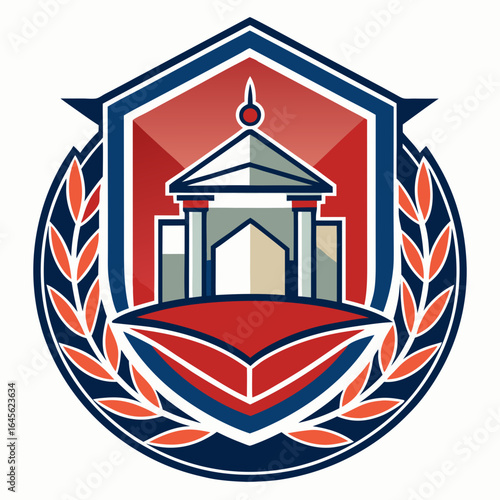 Vector art of academic crest with classical building facade and columns, representing higher education, learning, and institutional prestige