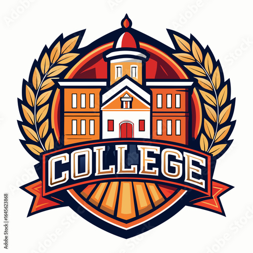 Vector art of college emblem logo with building, laurel wreath, and banner, isolated on white background