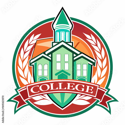 Vector art of college emblem with a building, laurel wreath, and banner, symbolizing education, learning, and academic achievement