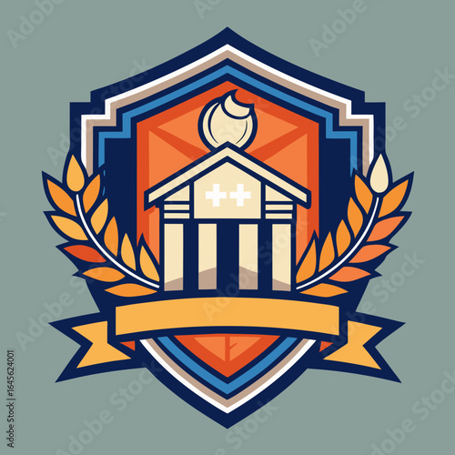 Vector art of a stylized emblem featuring a classical building with columns, flanked by laurel branches, and a banner, symbolizing education, achievement, and heritage