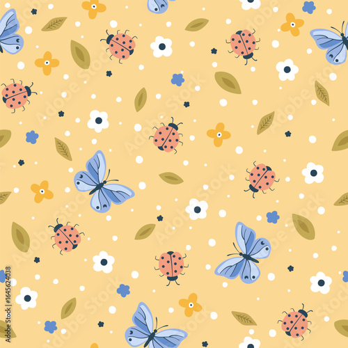 Seamless floral pattern with butterflies, ladybugs and leaves