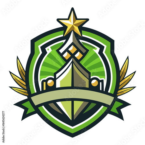 Vector art of green shield emblem with golden star and ribbon, representing achievement, victory, and excellence in sports, competition, or corporate identity