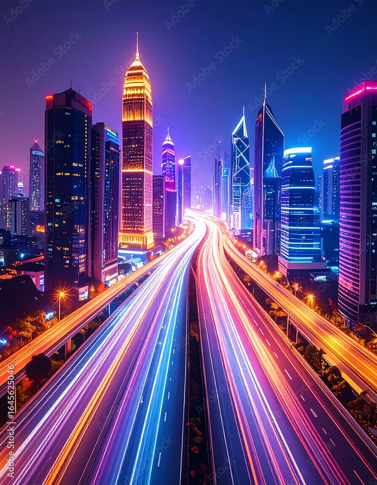 Fototapeta premium Vibrant city skyline at night, illuminated skyscrapers and light trails on a highway