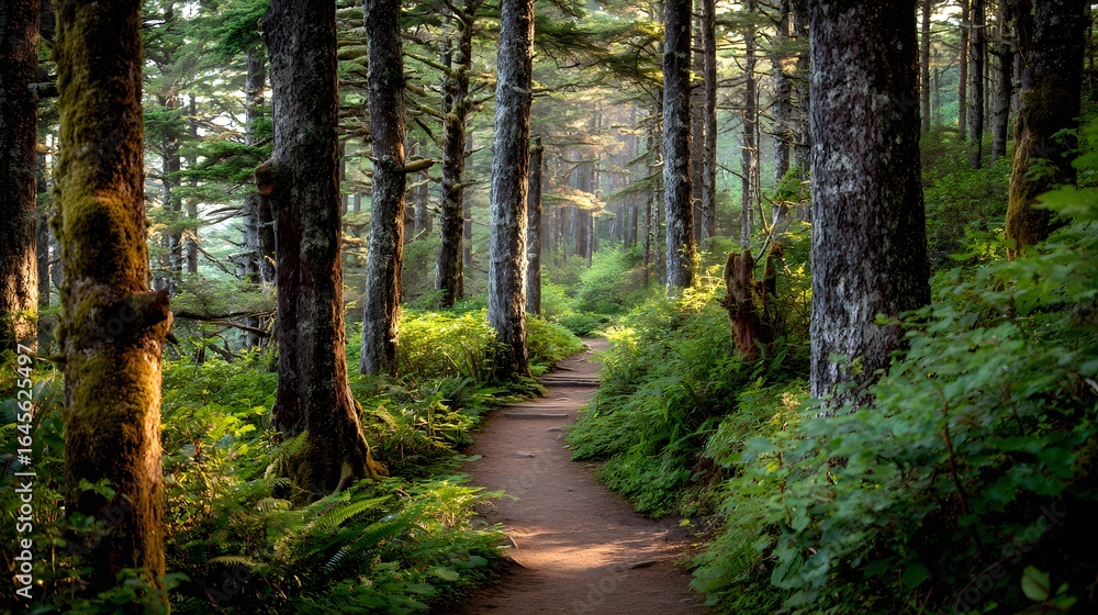 Obraz premium Forest path bathed in golden sunlight.