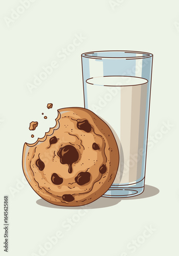 A delicious chocolate chip cookie with a bite taken out, resting beside a tall glass of milk.