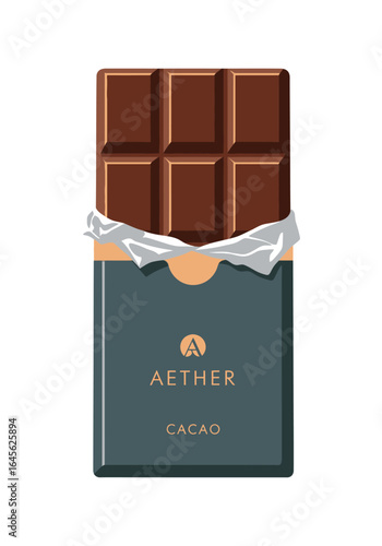 A gourmet Aether Cacao chocolate bar partially unwrapped from its elegant dark packaging, revealing the segmented milk chocolate inside.