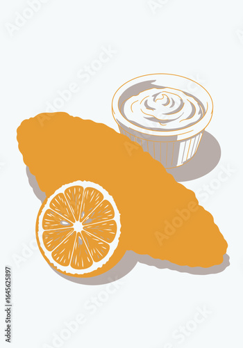 A graphic illustration of a fried fish fillet with a lemon slice and tartar sauce.